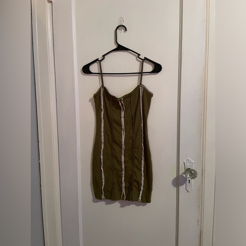 Ribbed Green Tank Dress with Floral and Lace Detail Bodycon Mini Dress